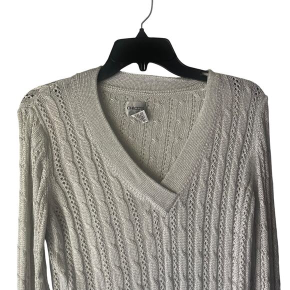Chico's Women's Size 2 Medium Open Knit Metallic V Neck Sparkle Sweater - Picture 2 of 9